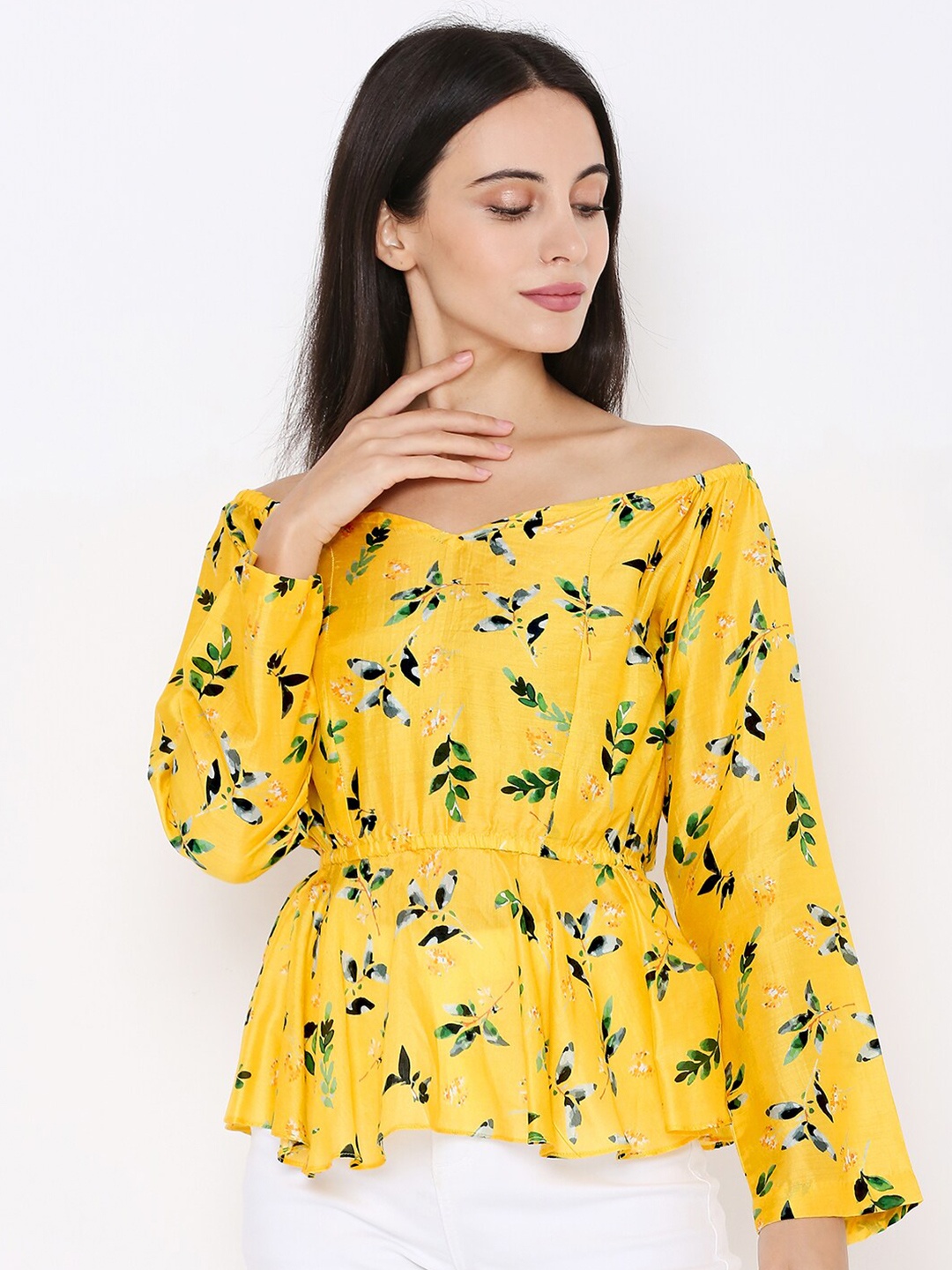 

Aturabi Women Yellow Tropical Printed Off-Shoulder Cinched Waist Peplum Top
