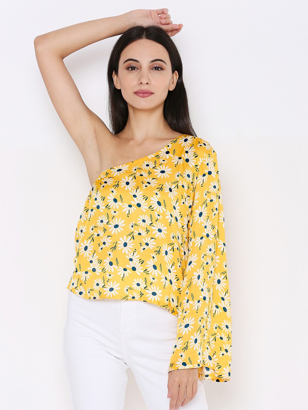

aturabi Yellow Floral Print One Shoulder Top