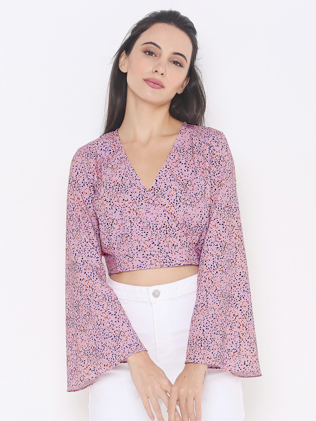 

aturabi Pink Print Wrap Crop Top with Bell Sleeves
