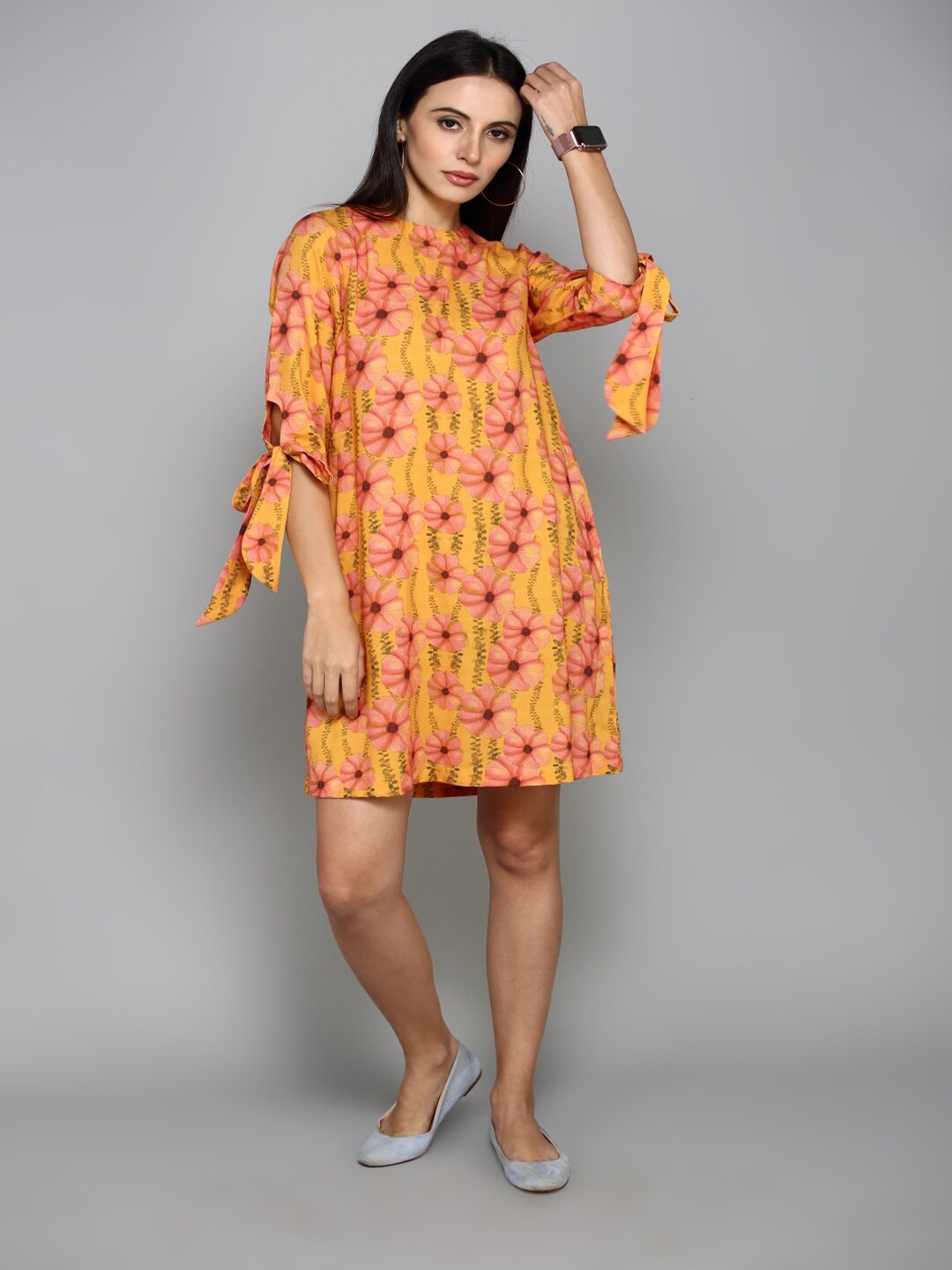 

aturabi Yellow & Pink Floral A-Line Dress