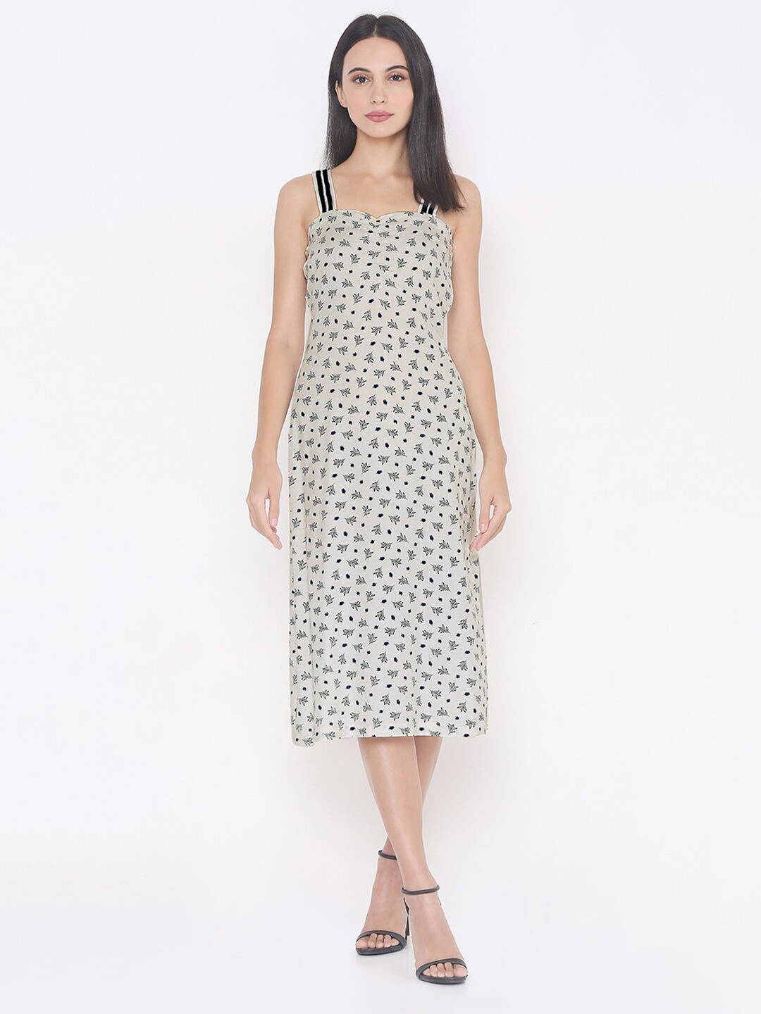 

Aturabi Off White Floral Print A-Line Midi Dress