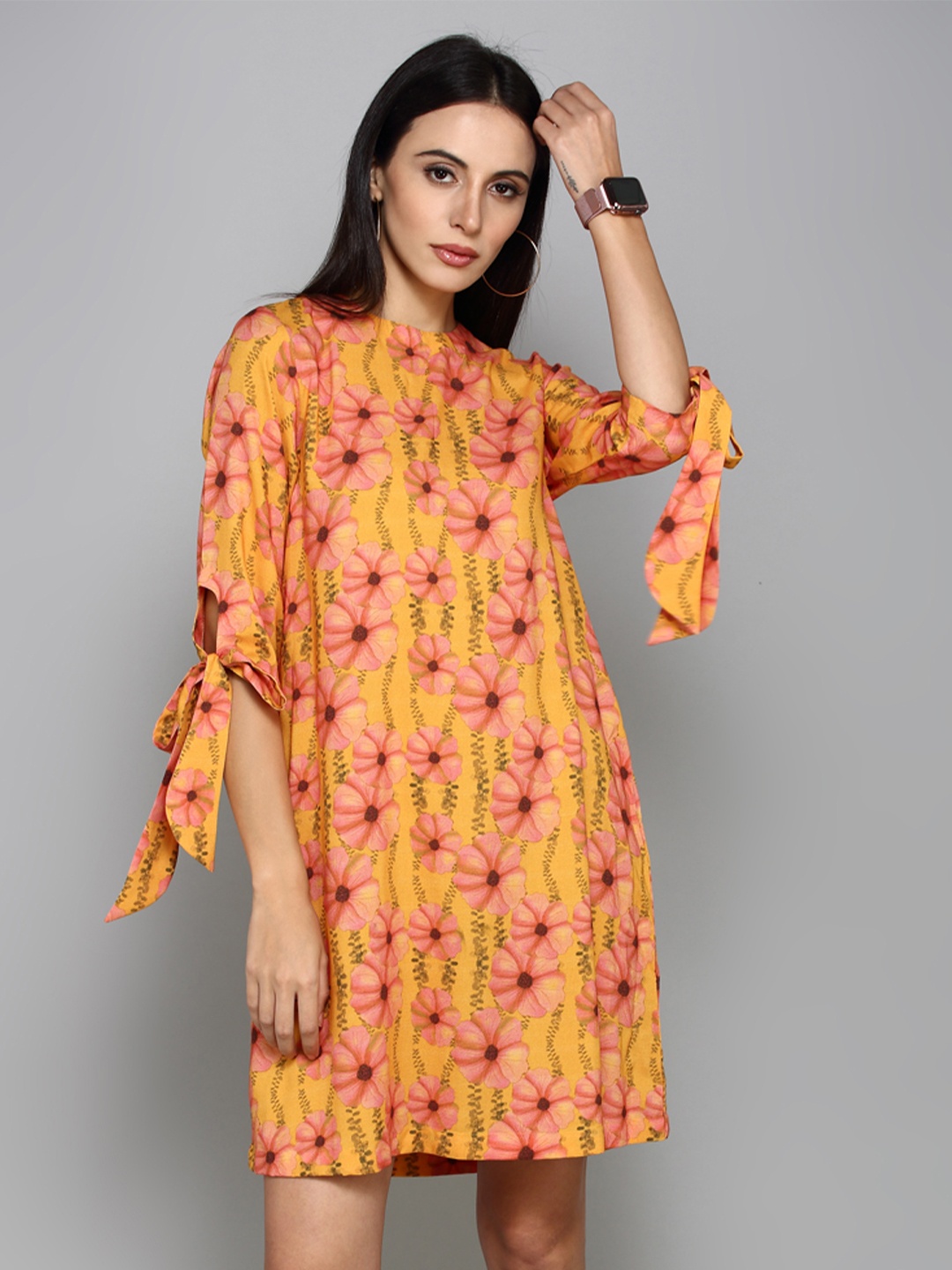 

aturabi Women Orange Floral A-Line Dress