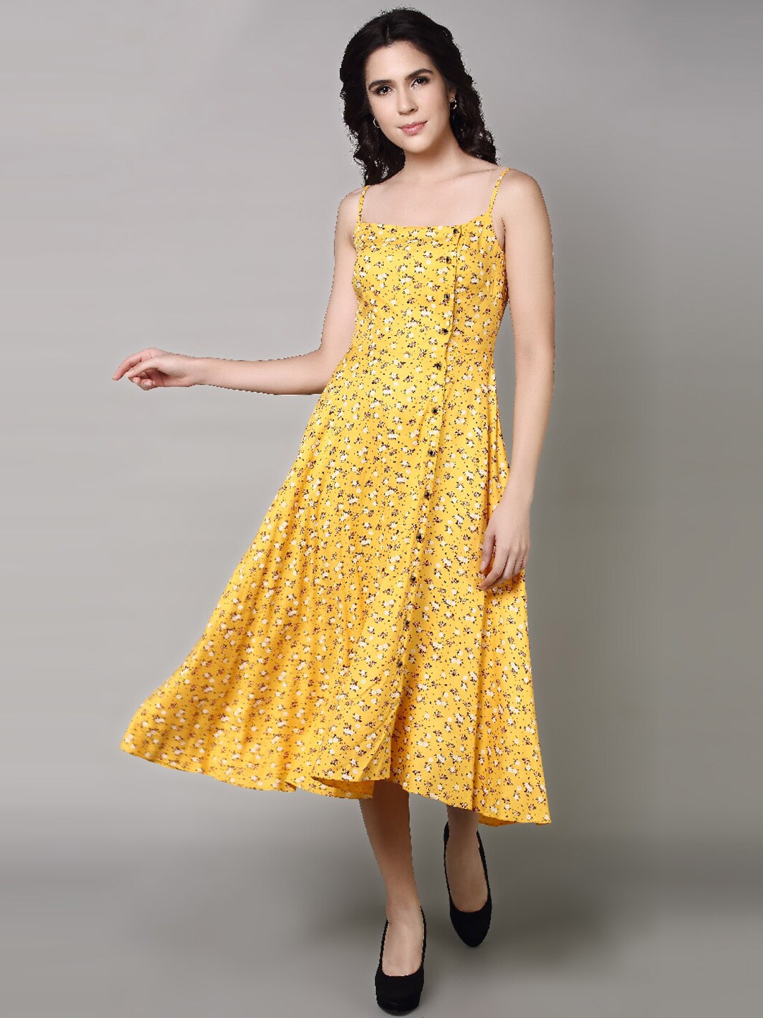 

aturabi Yellow Floral A-Line Midi Dress