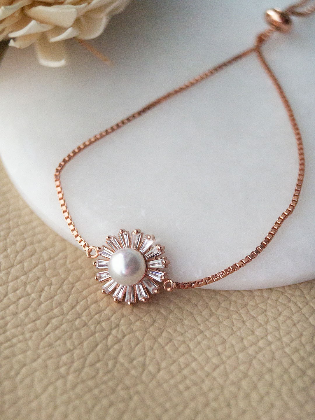 

MANNASH Women Rose & White Sterling Silver Cubic Zirconia Rose Gold-Plated Link Bracelet