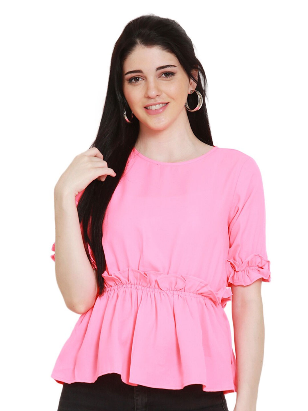 

BLUE CHIC Women Pink Crepe Cinched Waist Top