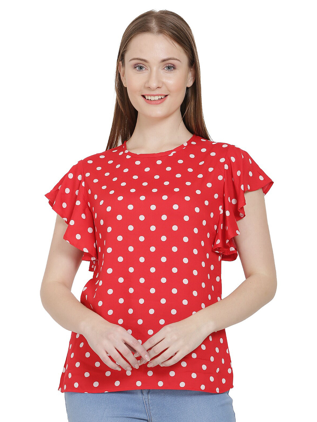 

BLUE CHIC Women Coral Polka dot Print Top