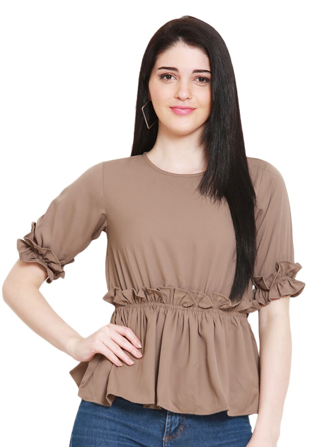 

BLUE CHIC Brown Crepe Cinched Waist Top