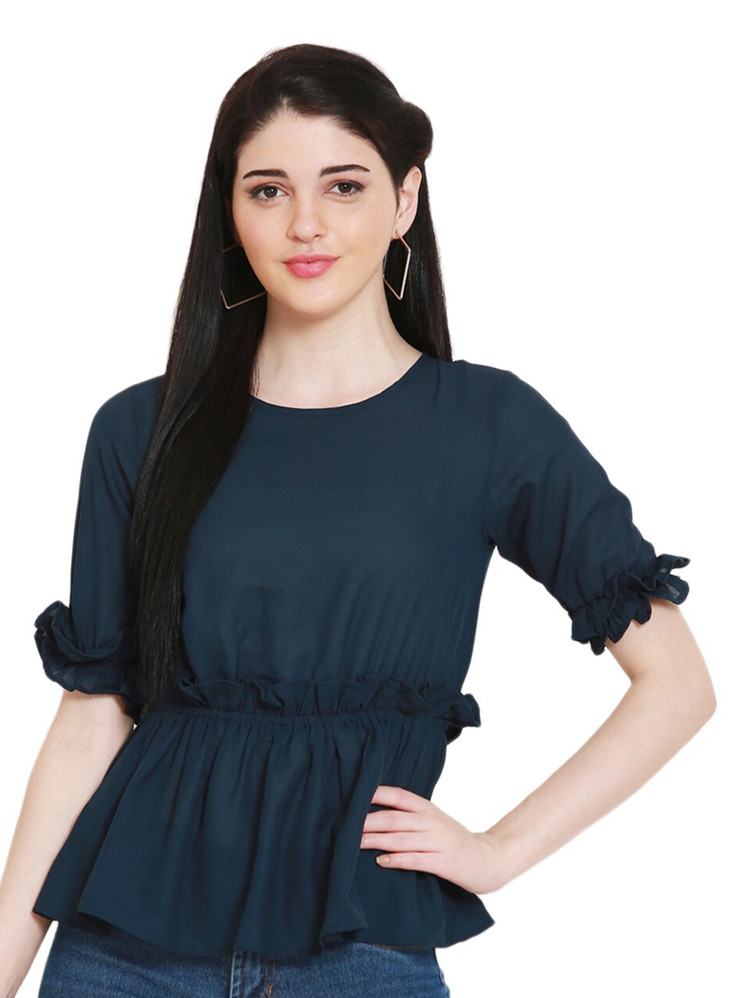 

BLUE CHIC Navy Blue Roll-Up Sleeves Crepe Cinched Waist Top
