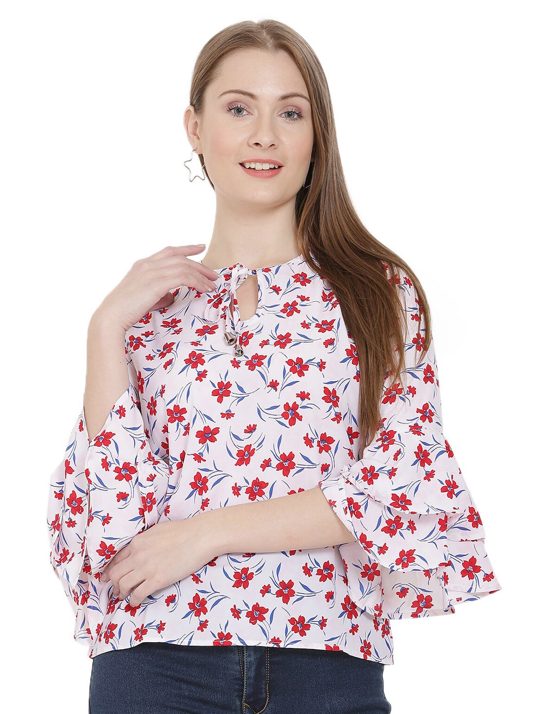 

BLUE CHIC White Floral Print Tie-Up Neck Ruffles Crepe Top