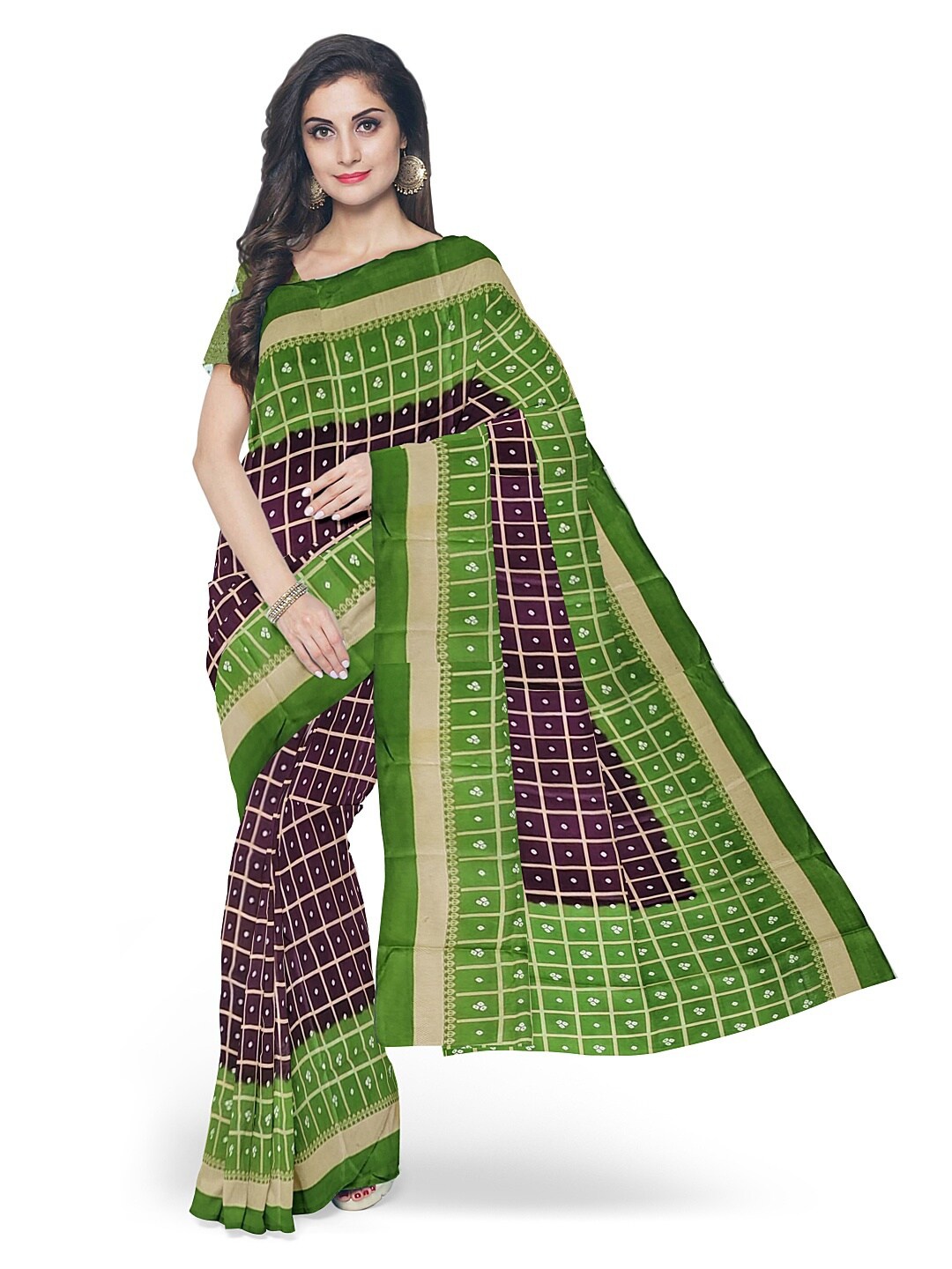 

KALINI Women Coffee Brown & Green Bandhani Silk Blend Fusion Bandhani Saree