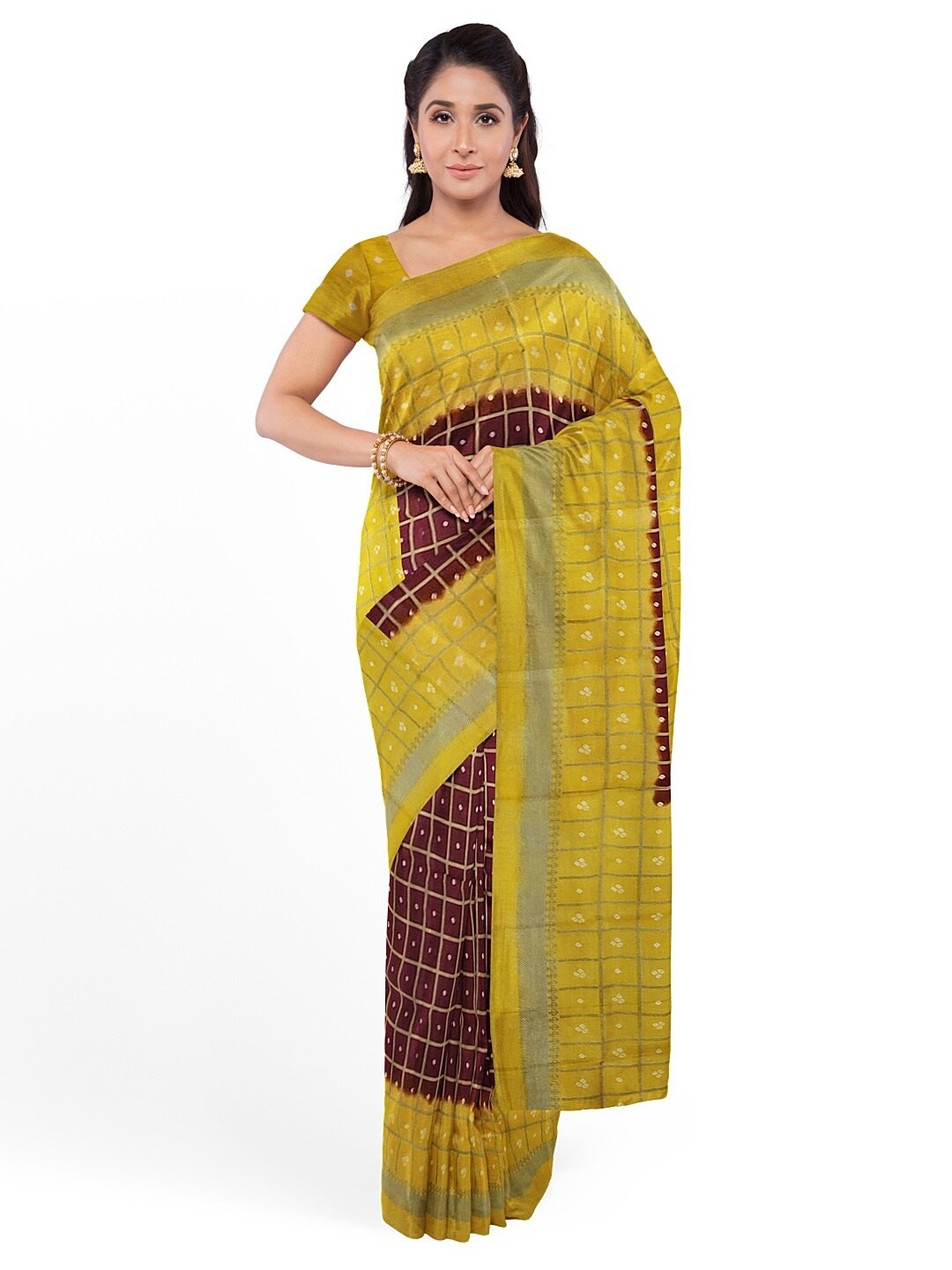 

KALINI Women Maroon & Yellow Bandhani Silk Blend Fusion Bandhani Saree