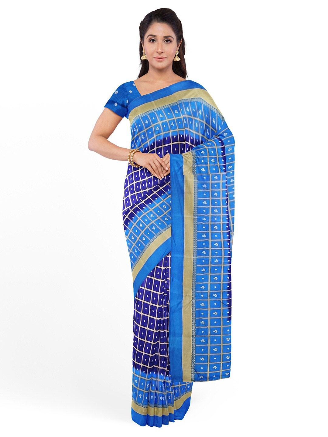 

KALINI Women Navy Blue Bandhani Silk Blend Fusion Saree