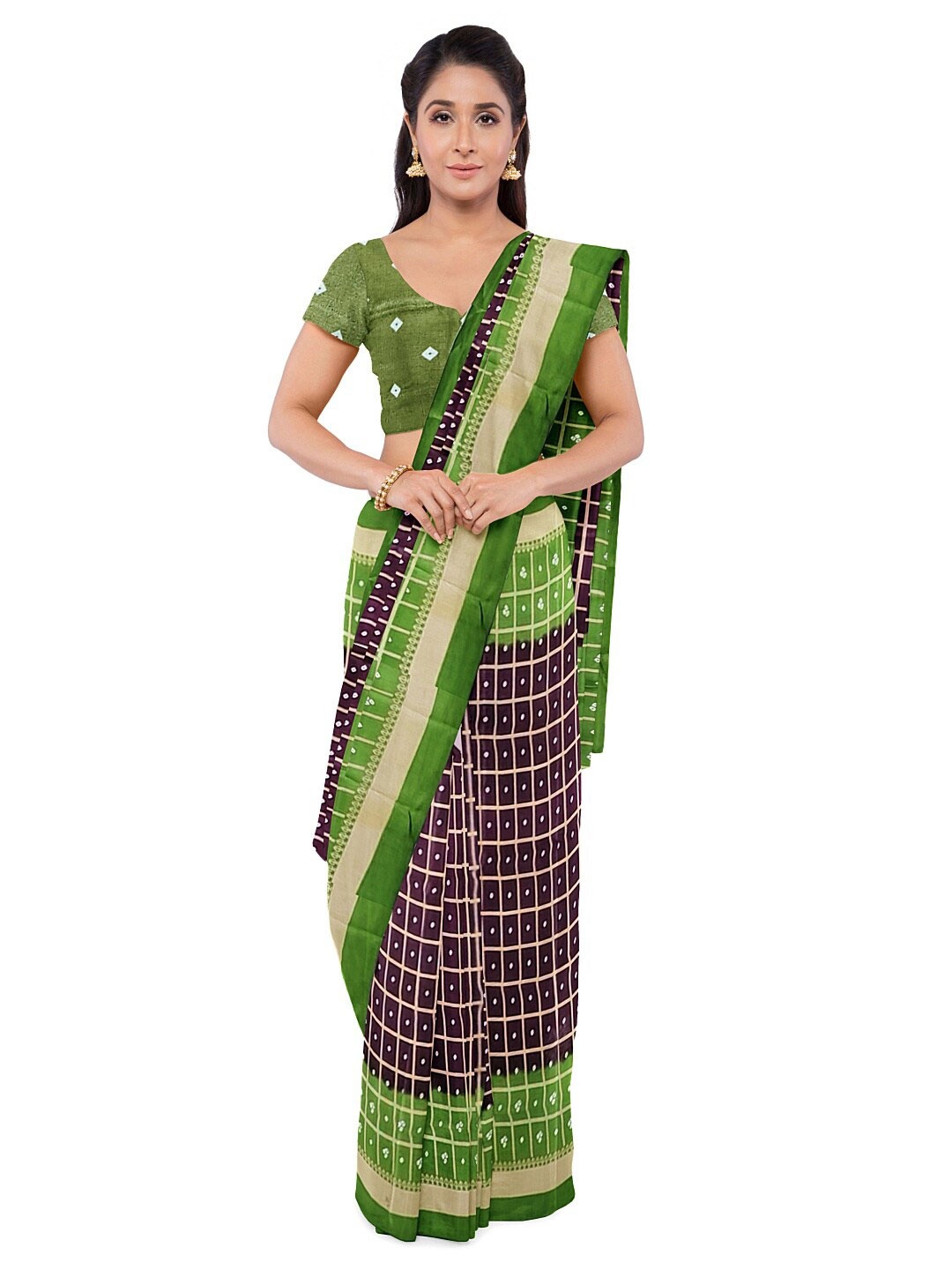 

KALINI Women Coffee Brown & Green Bandhani Silk Blend Fusion Bandhani Saree