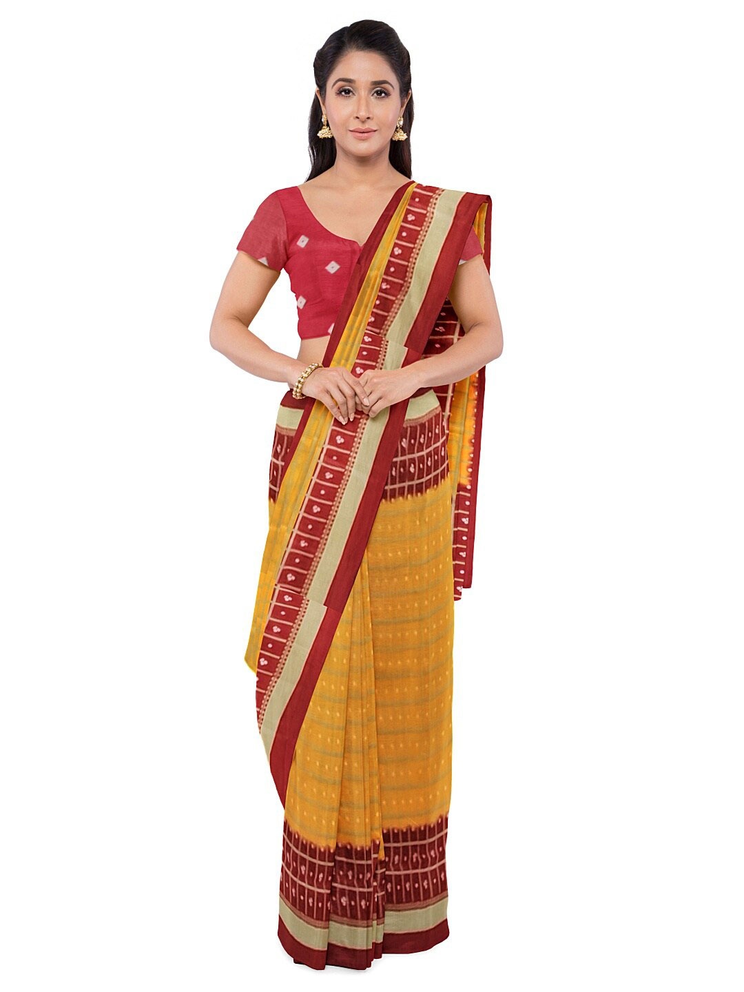 

KALINI Women Yellow & Red Bandhani Silk Blend Fusion Bandhani Saree