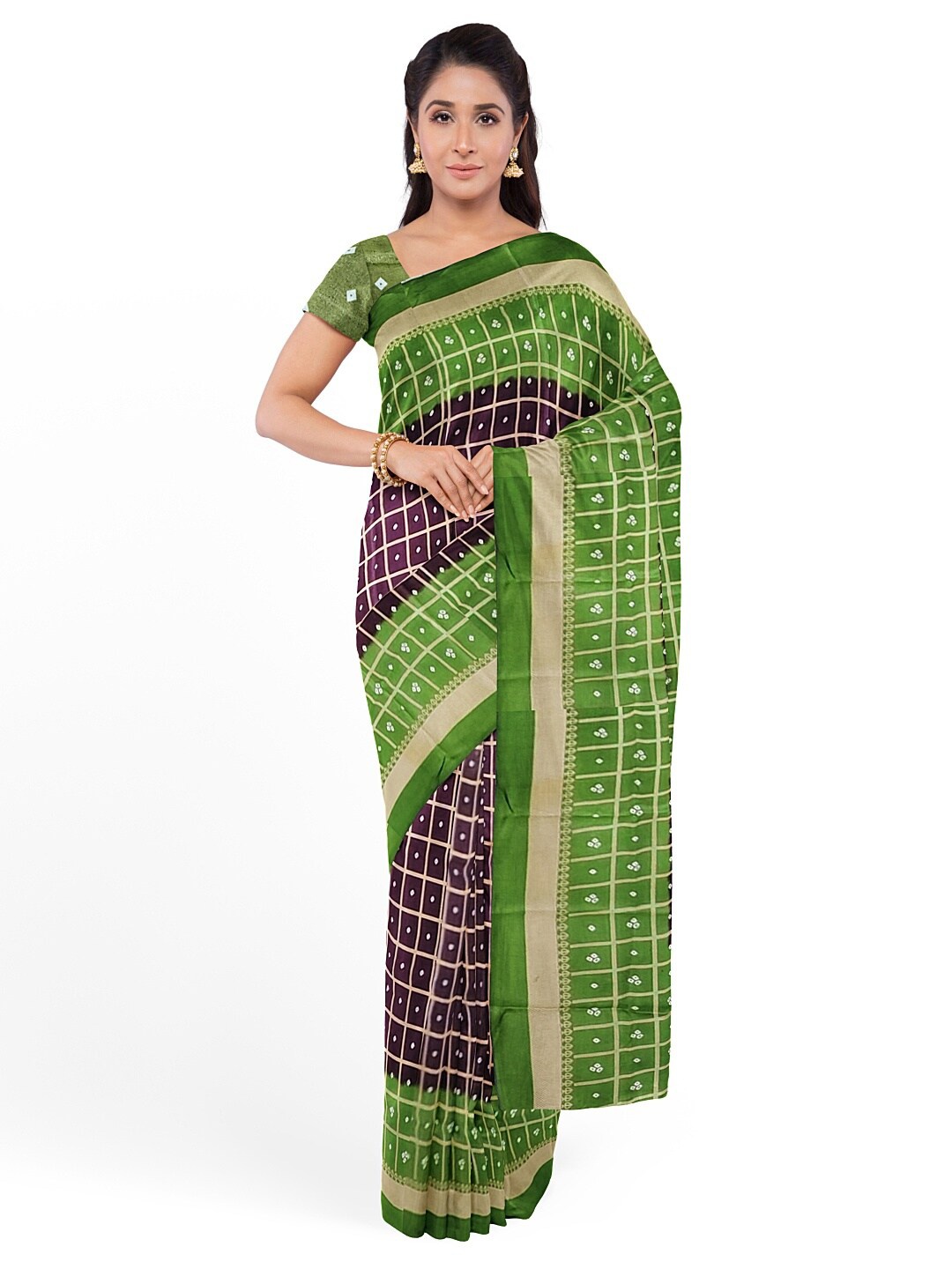 

Florence Coffee Brown & Green Bandhani Silk Blend Fusion Bandhani Saree