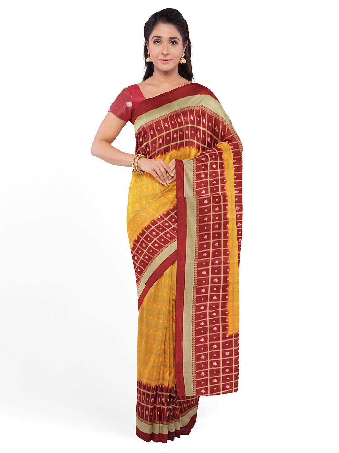 

Florence Yellow & Red Bandhani Silk Blend Fusion Bandhani Saree