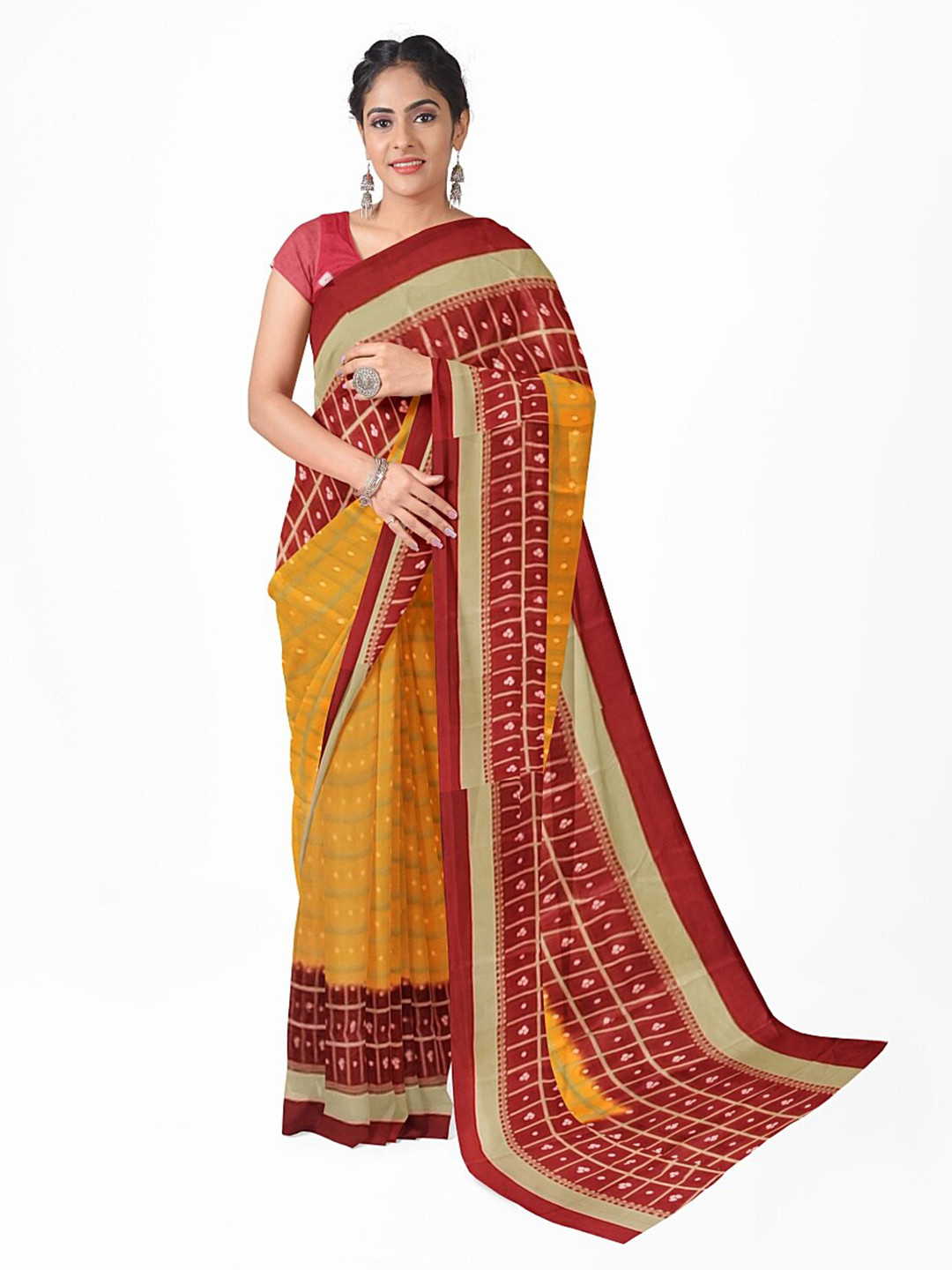 

KALINI Women Yellow & Red Bandhani Silk Blend Fusion Bandhani Saree