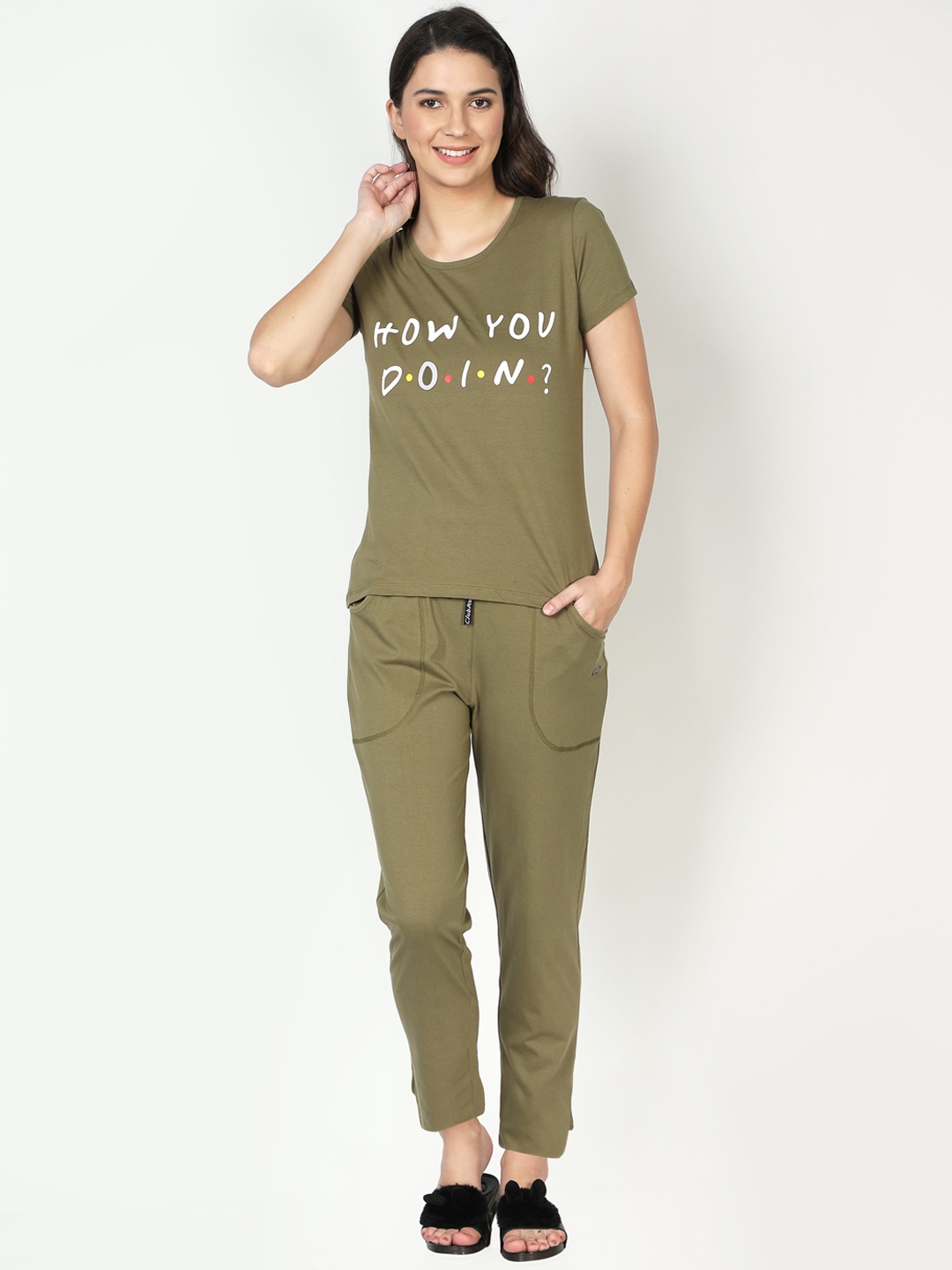 

CLUB A9 Women Olive Green Printed Cotton Night suit