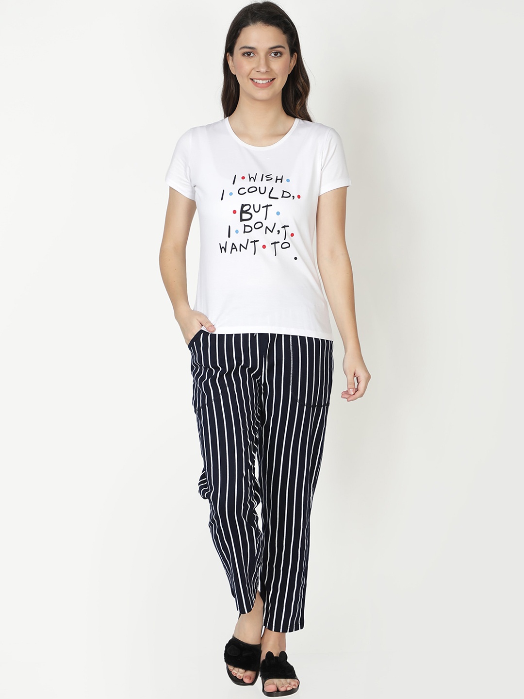 

CLUB A9 Women's White & Navy Blue Printed Night Suit