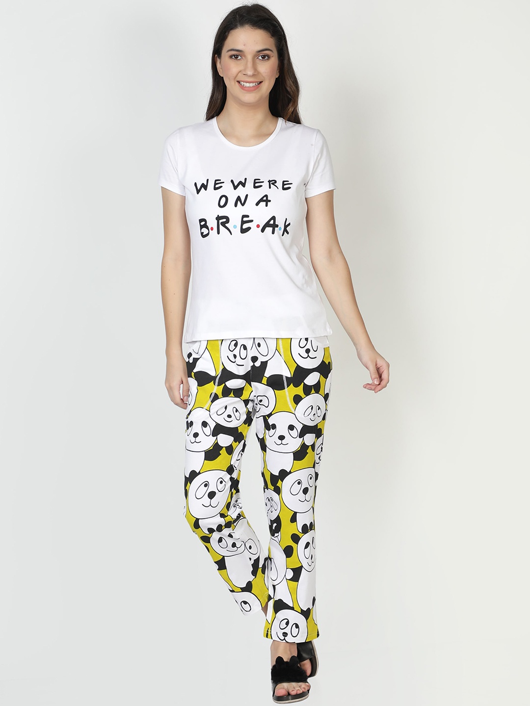 

CLUB A9 Women's White & Yellow Printed Cotton Night Suit