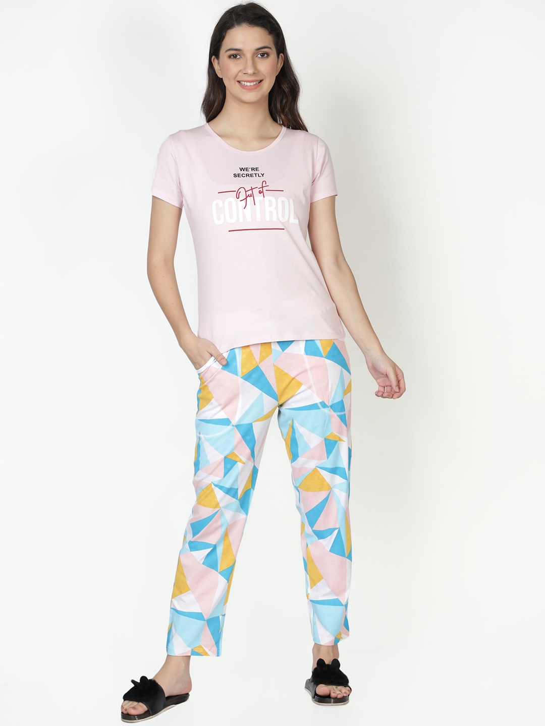 

CLUB A9 Women Cotton Pink & White Printed Night suit