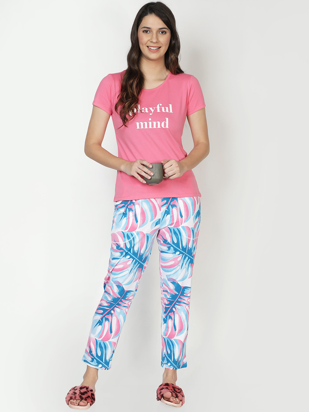 

CLUB A9 Women Pink & Blue Printed Night suit