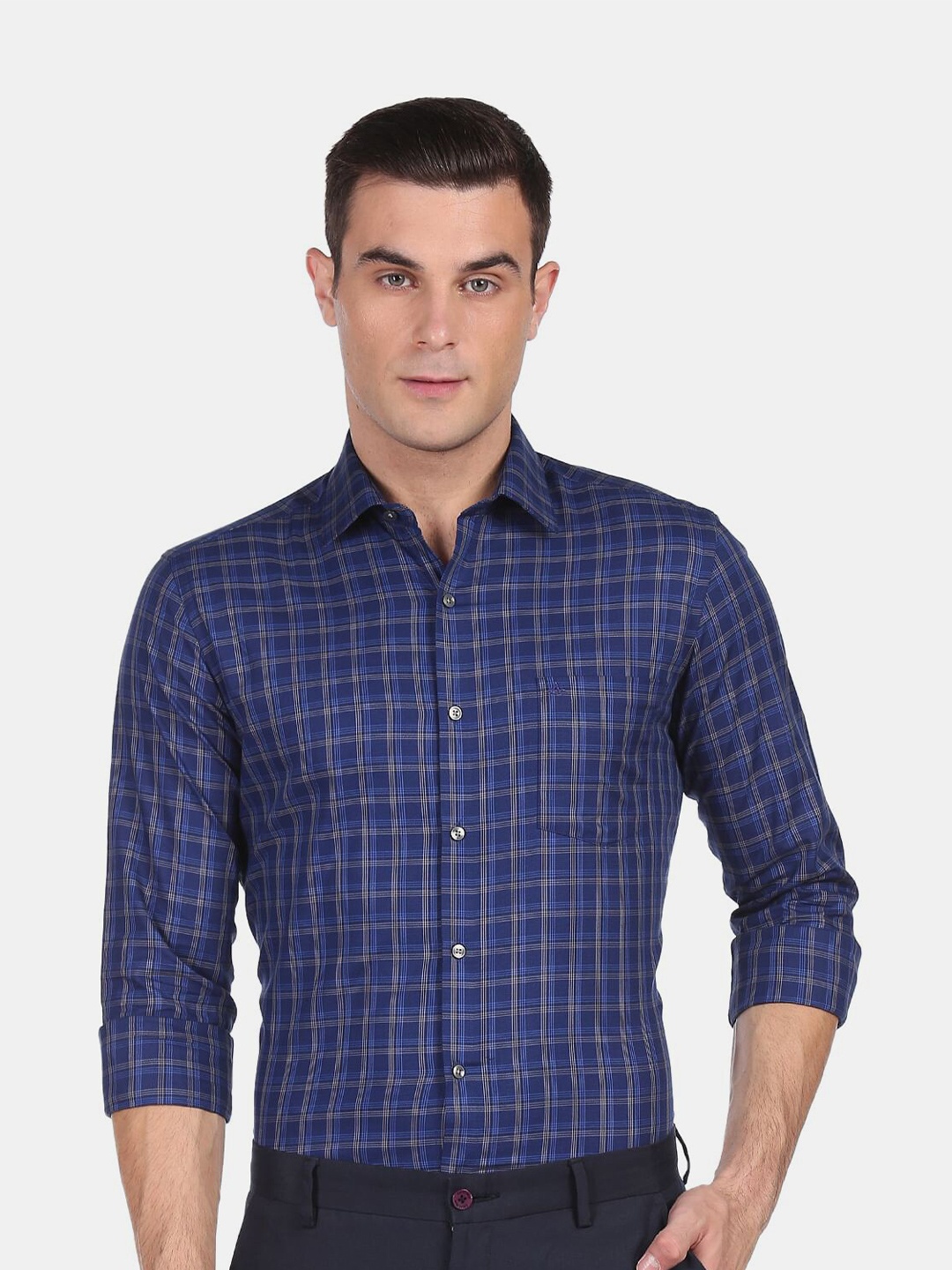 

Arrow Men Blue Slim Fit Grid Tattersall Checks Checked Casual Shirt