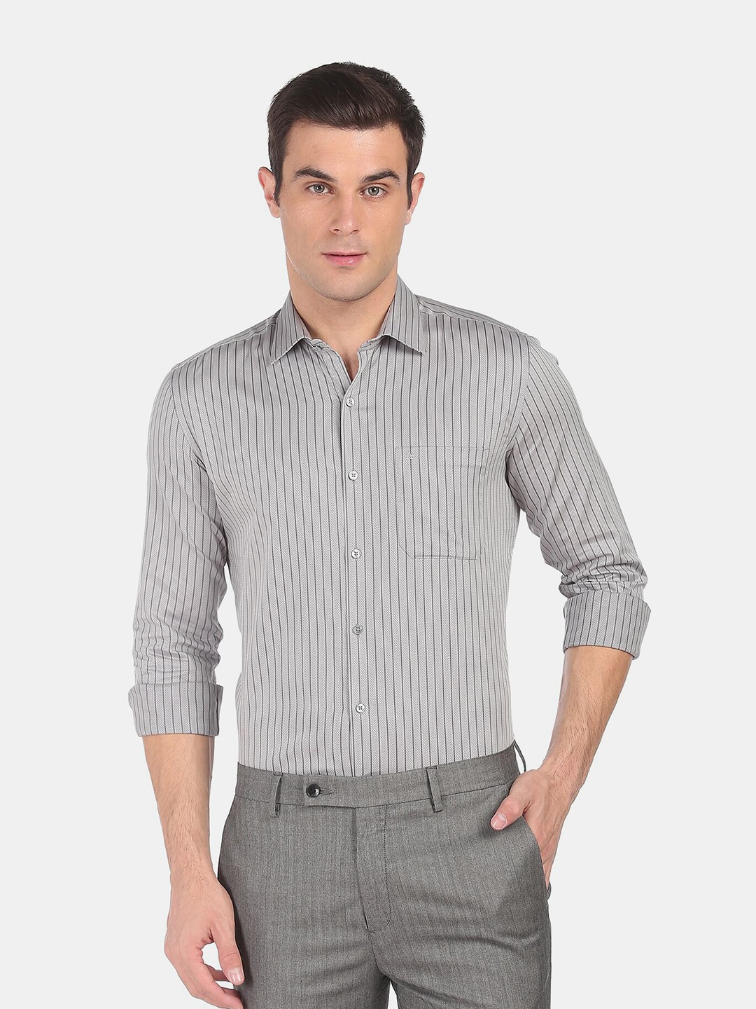 

Arrow Men Grey Slim Fit Striped Casual Shirt