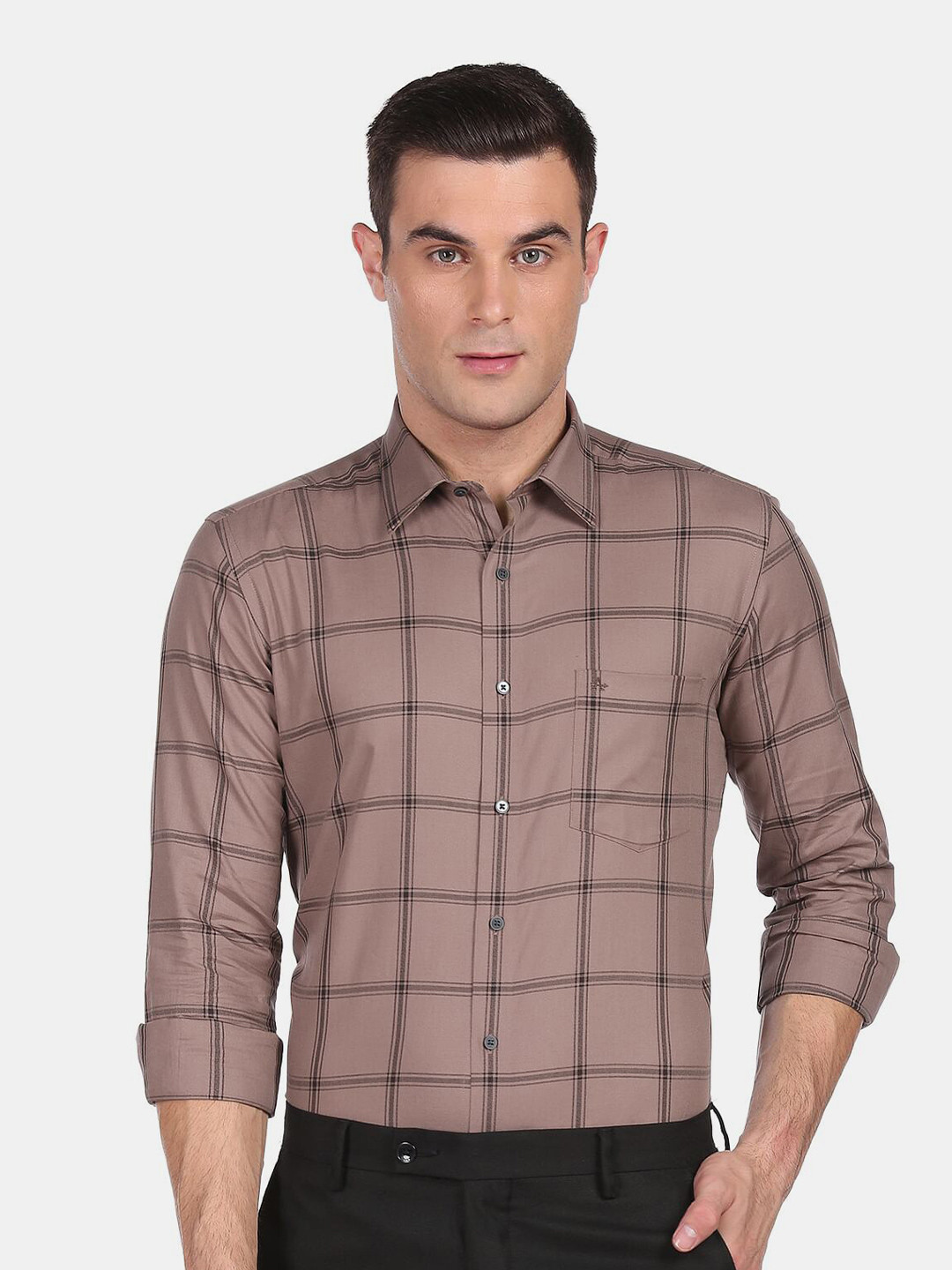 

Arrow New York Men Light Brown Slim Fit Windowpane Checks Casual Shirt