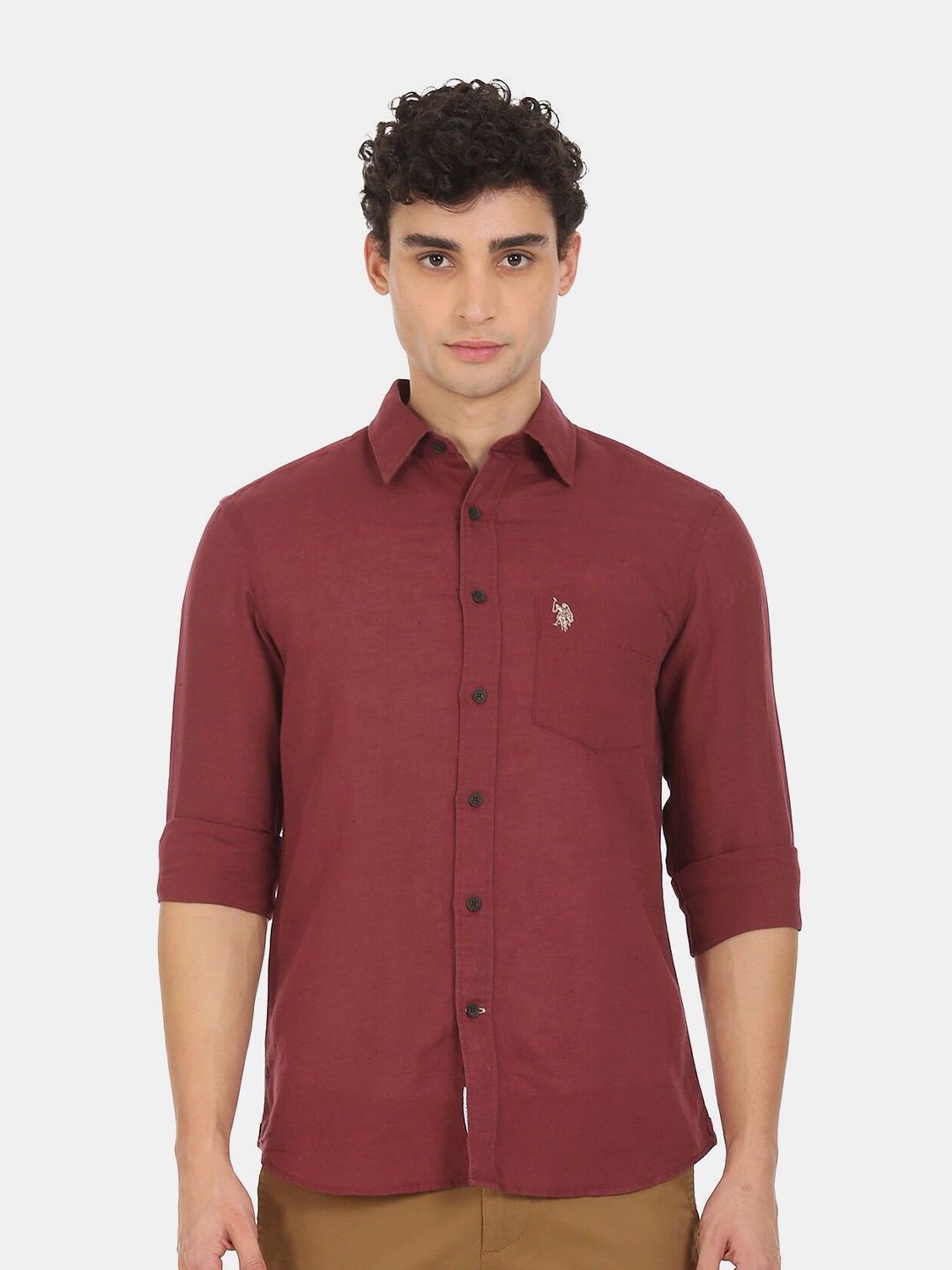 

U S Polo Assn Men Red Linen Cotton Casual Shirt