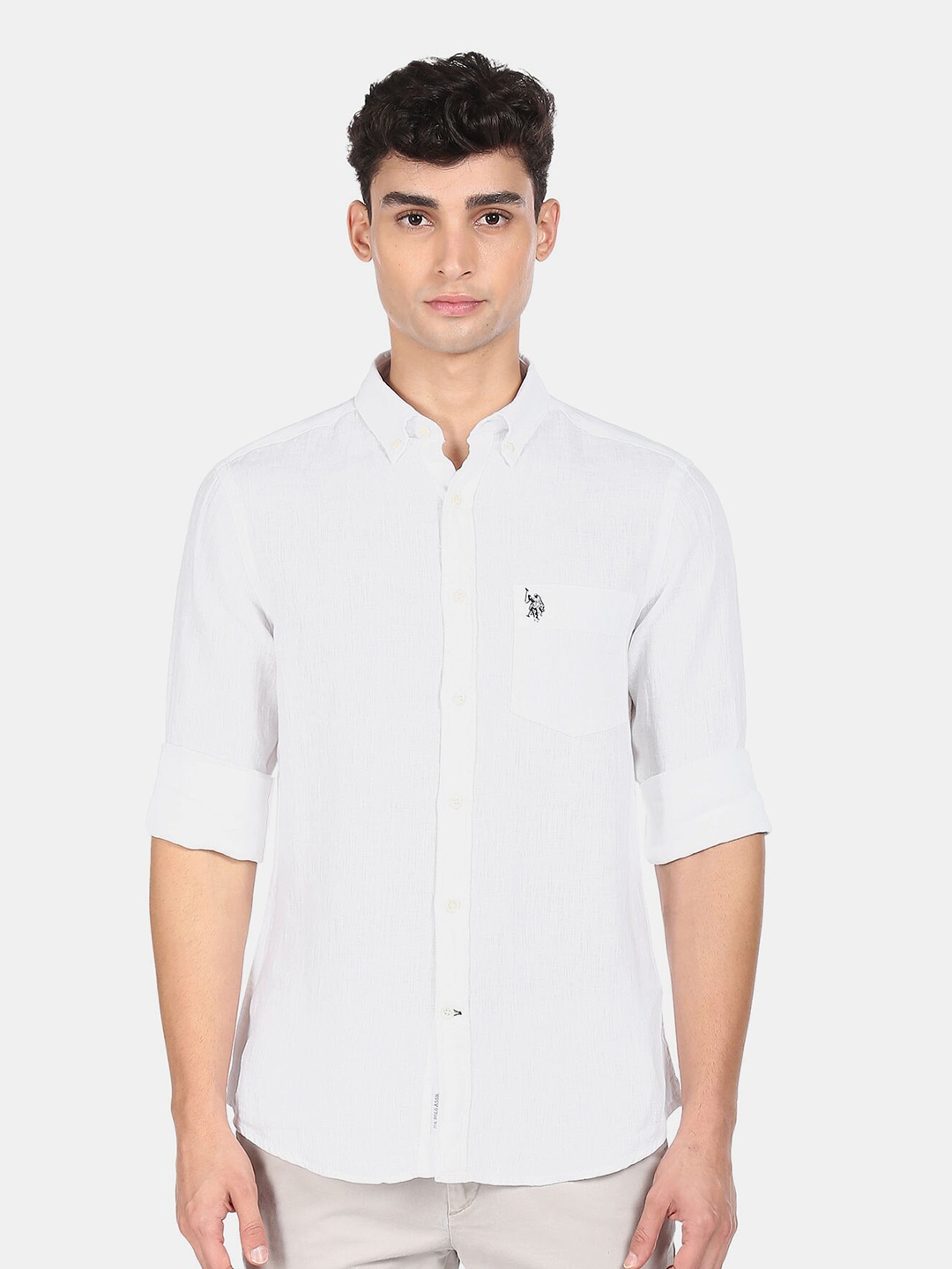 

U S Polo Assn Men White Solid Spread Collar Casual Shirt