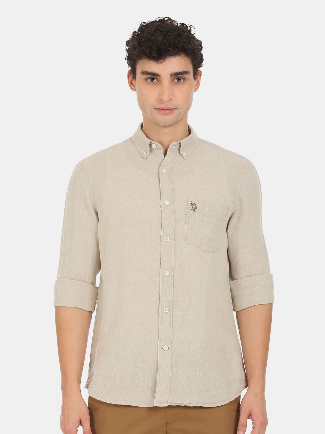 

U S Polo Assn Men Beige Solid Cotton Casual Shirt