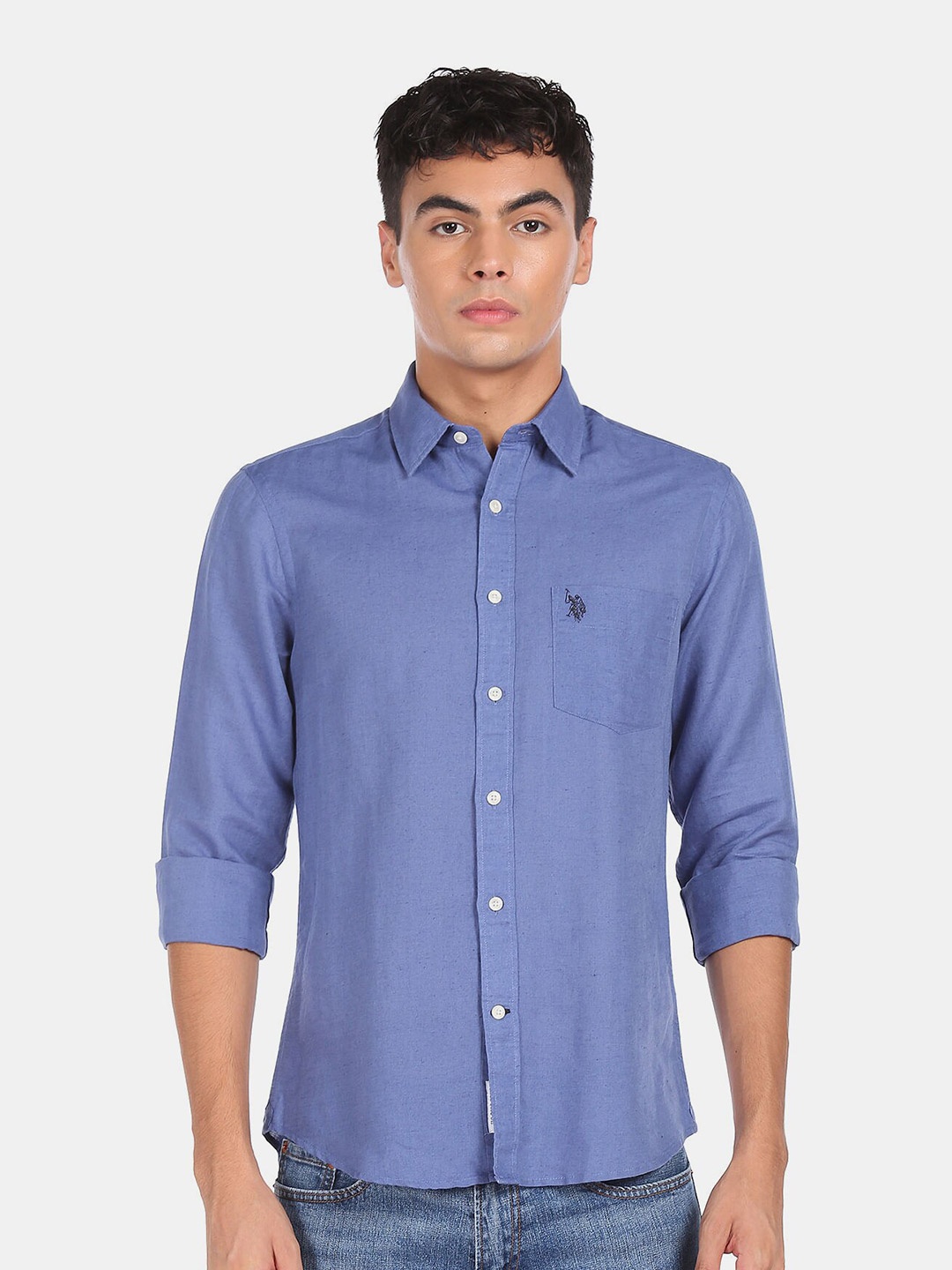 

U S Polo Assn Men Blue Solid Cotton Casual Shirt