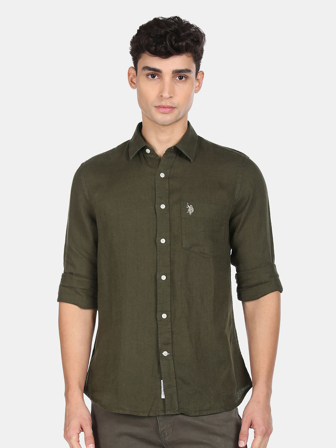

U S Polo Assn Men Green Solid Linen Casual Shirt