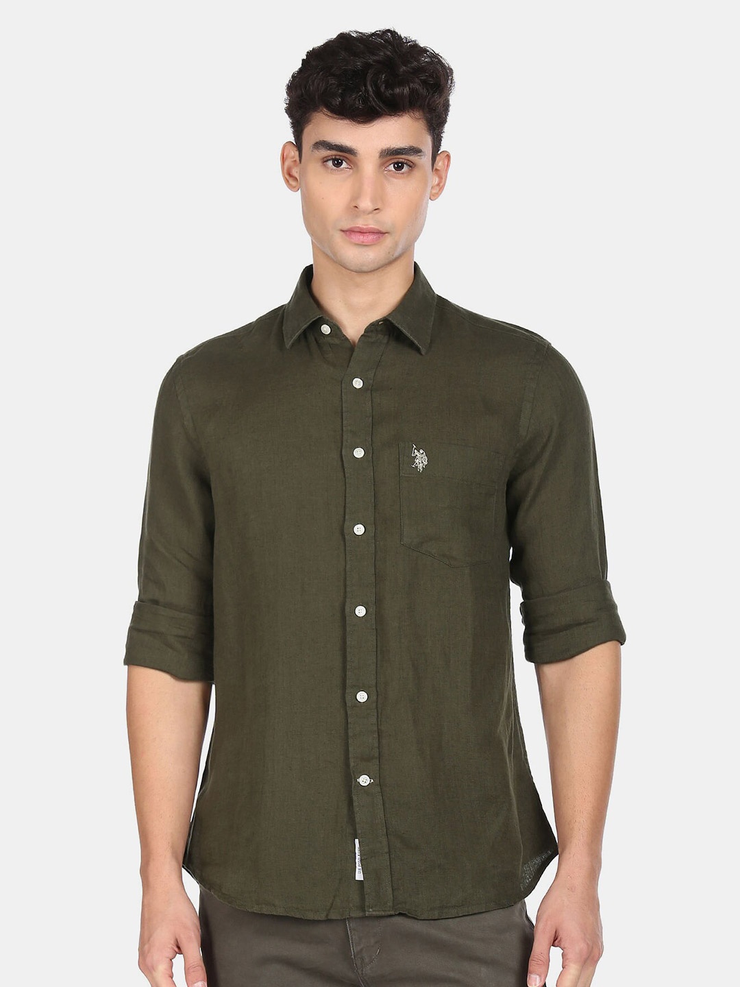 

U S Polo Assn Men Green Casual Linen Shirt