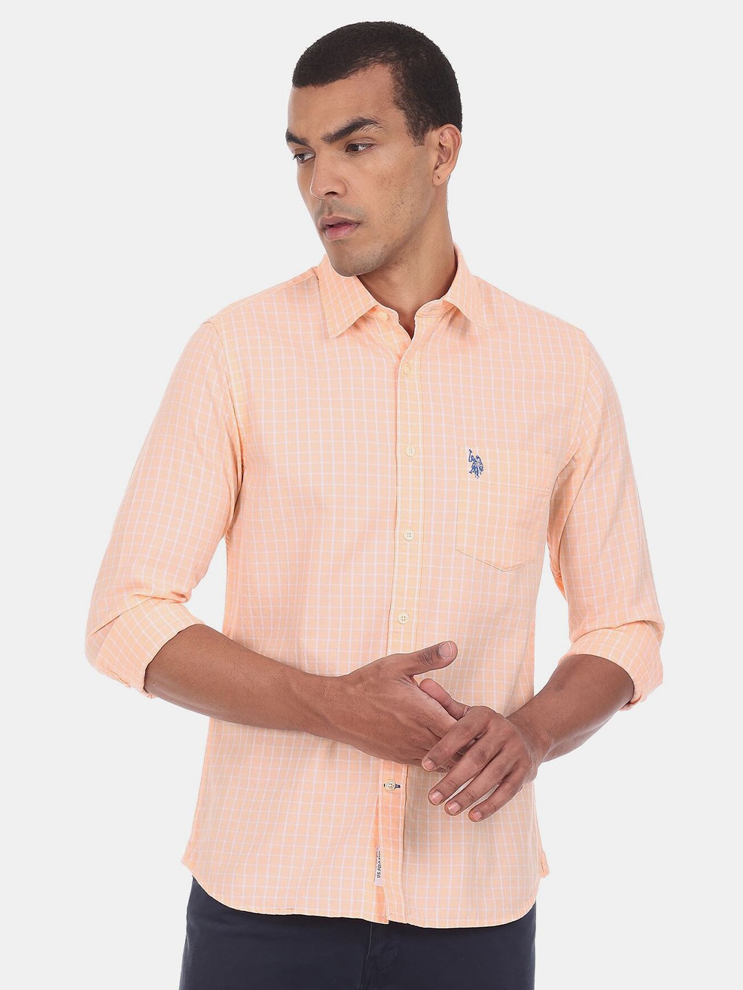 

U S Polo Assn Men Orange Grid Tattersall Checks Checked Casual Shirt