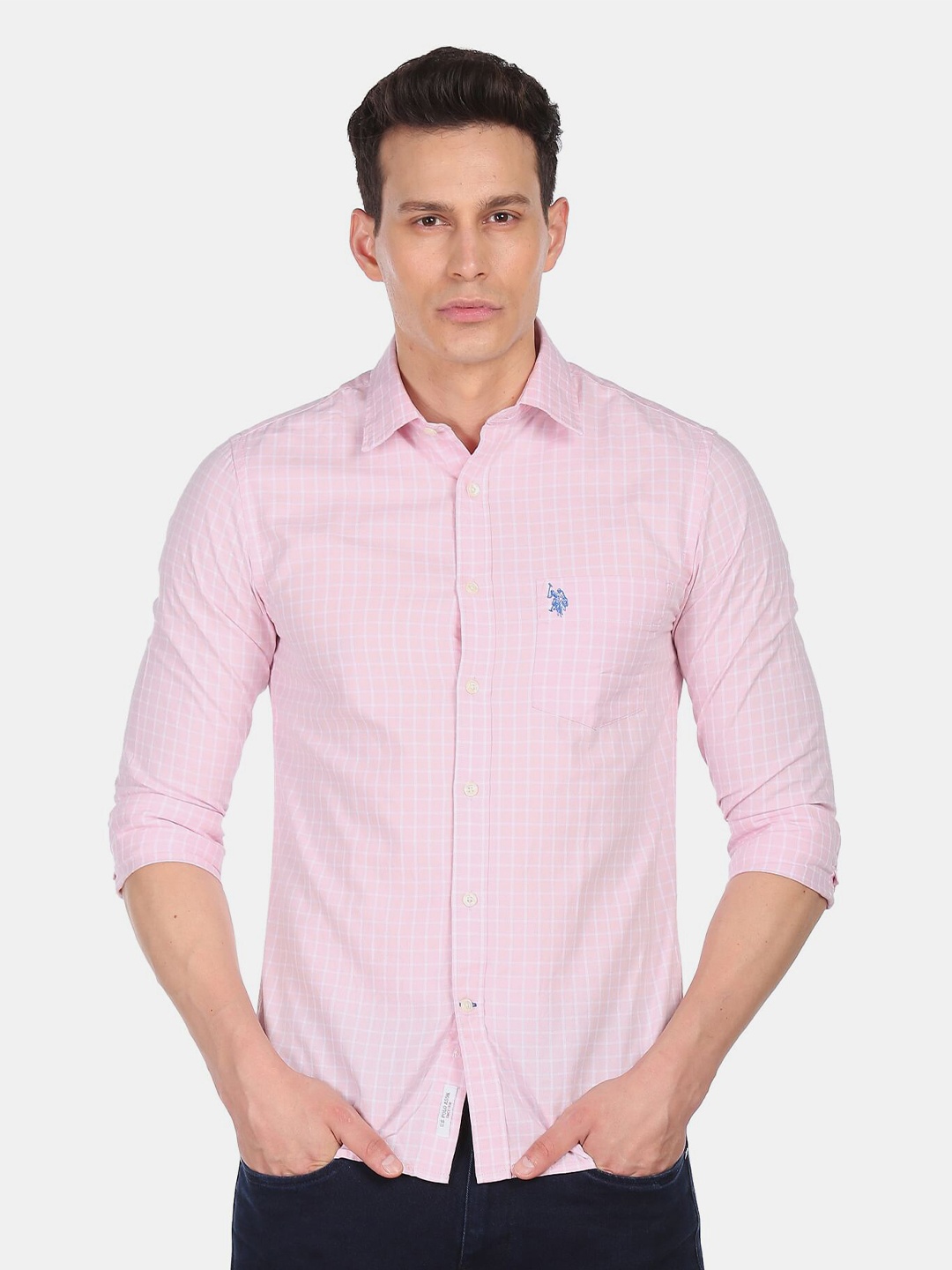

U S Polo Assn Men Pink Checked Casual Shirt