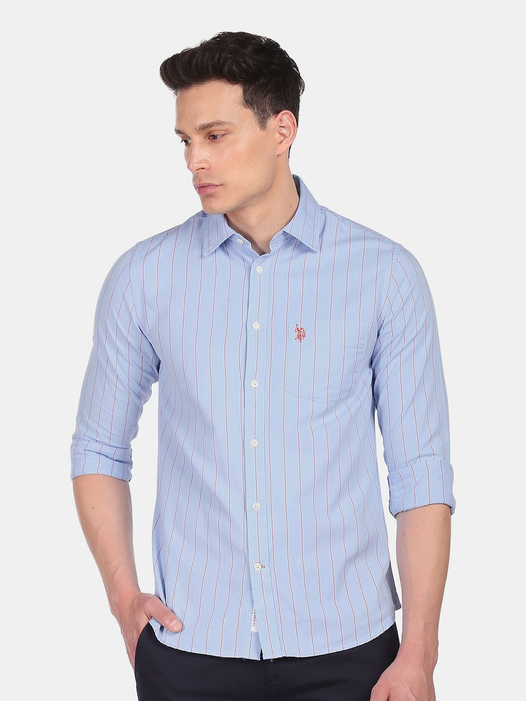 

U S Polo Assn Men Blue Striped Casual Shirt