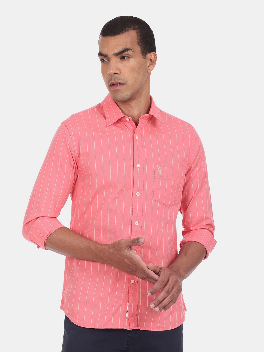 

U S Polo Assn Men Pink Striped Casual Shirt