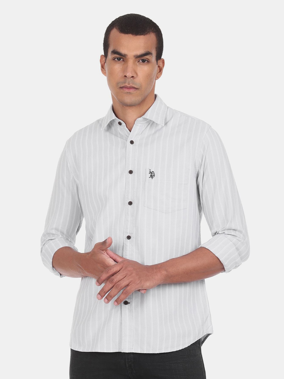 

U S Polo Assn Men Grey Striped Casual Shirt