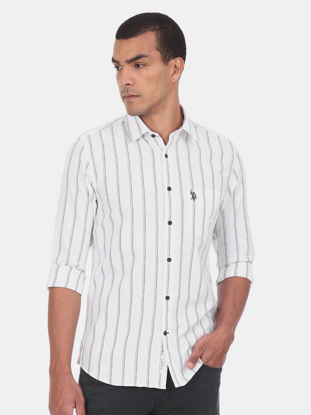 

U S Polo Assn Men White Striped Casual Shirt