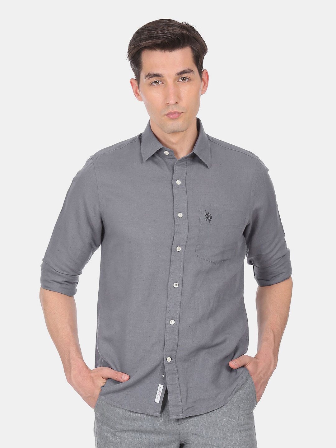 

U S Polo Assn Men Grey Solid Casual Shirt