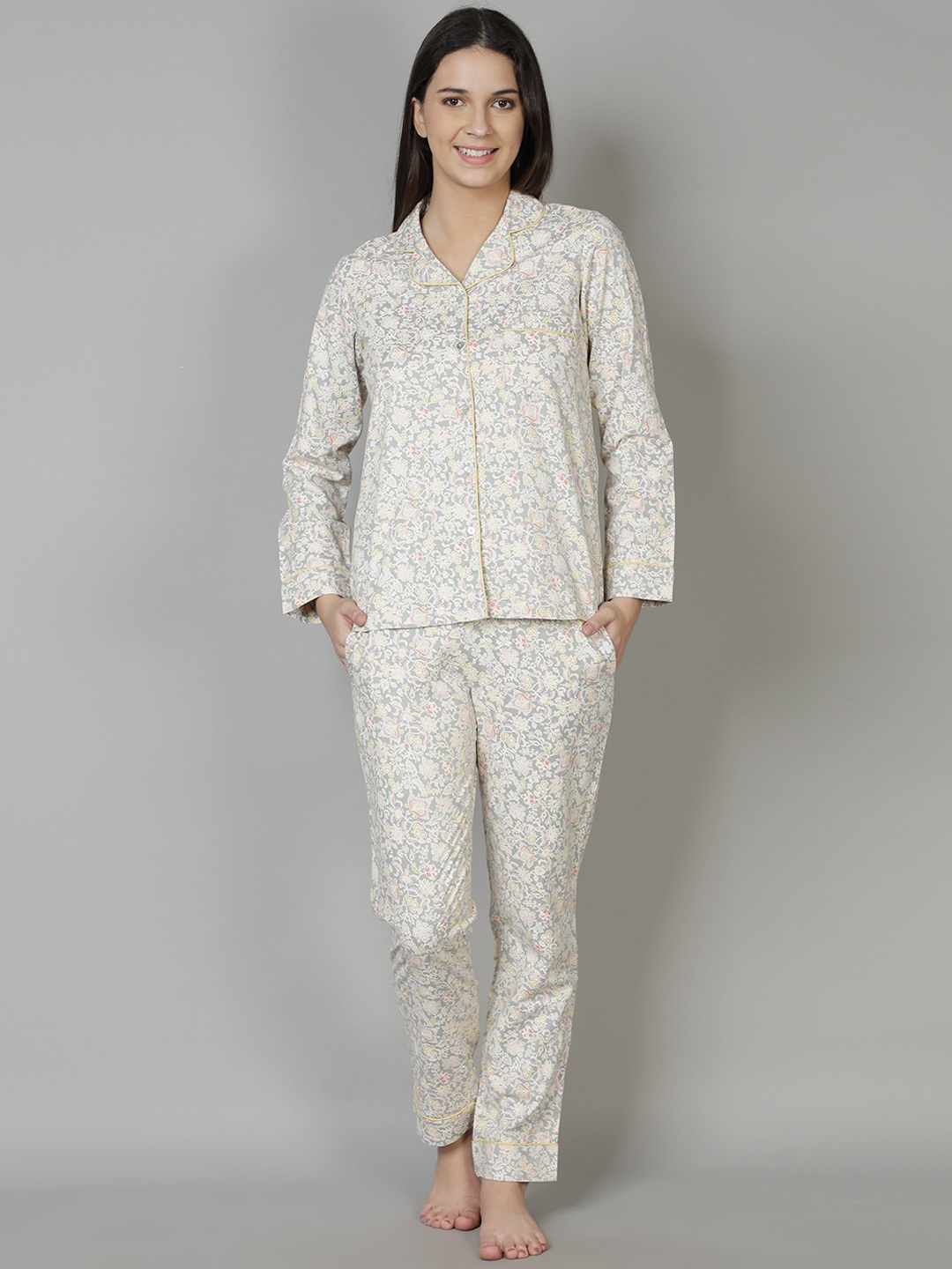 

DUSK ATTIRE Women Yellow & Grey Printed Night suit