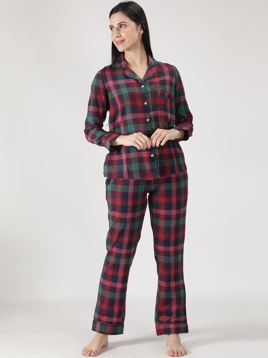 

DUSK ATTIRE Women Red & Green Checked Pure Cotton Night suit