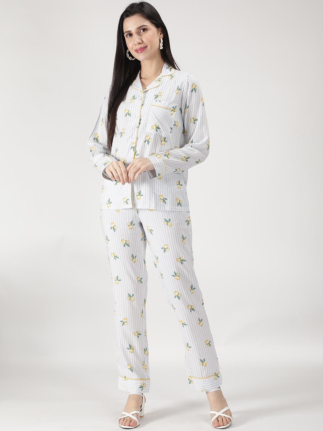 

DUSK ATTIRE Women White & Yellow Printed Cotton Night suit