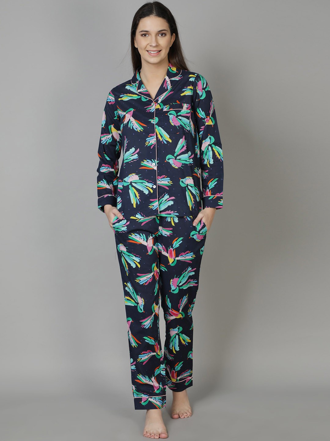 

DUSK ATTIRE Women Black & Blue Printed Pure Cotton Night suit