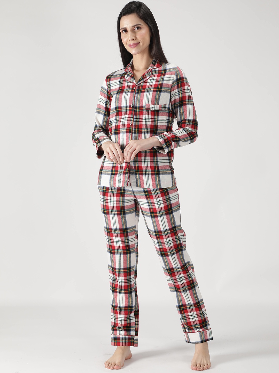 

DUSK ATTIRE Women Red Checked Night suit