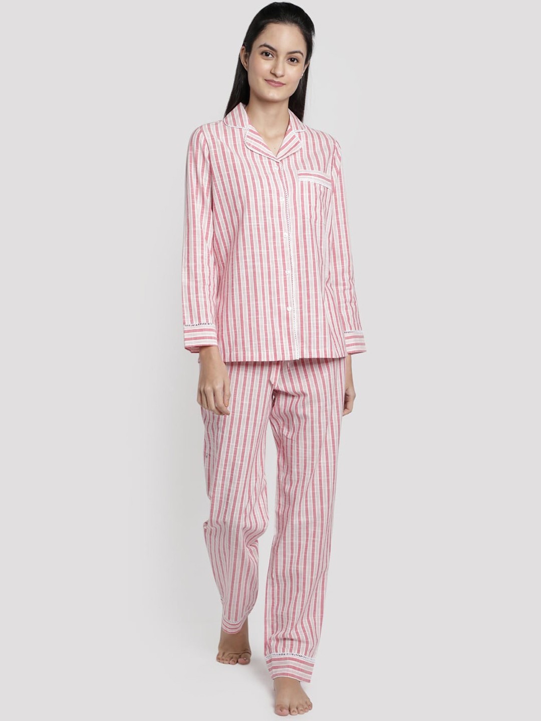

DUSK ATTIRE Women Red & White Striped Night suit