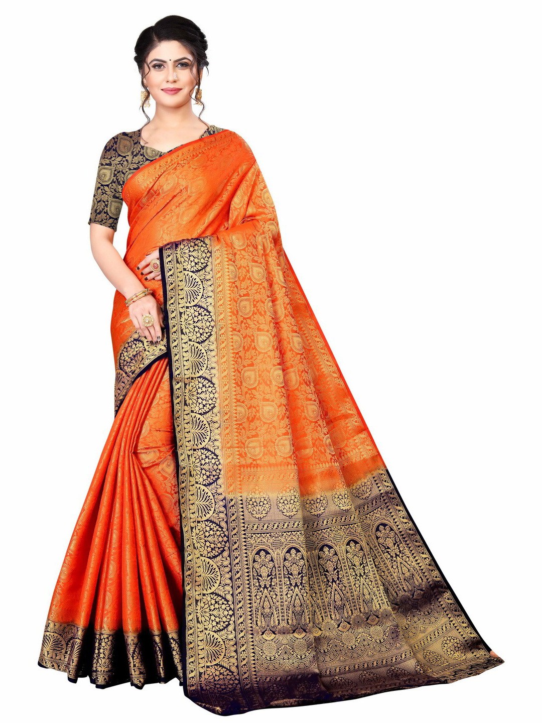 

MOKSHA DESIGNS Women Orange & Blue Woven Design Zari Pure Silk Banarasi Saree