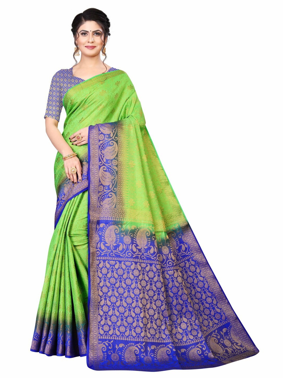 

MOKSHA DESIGNS Women Blue & Green Woven Design Pure Silk Banarasi Saree